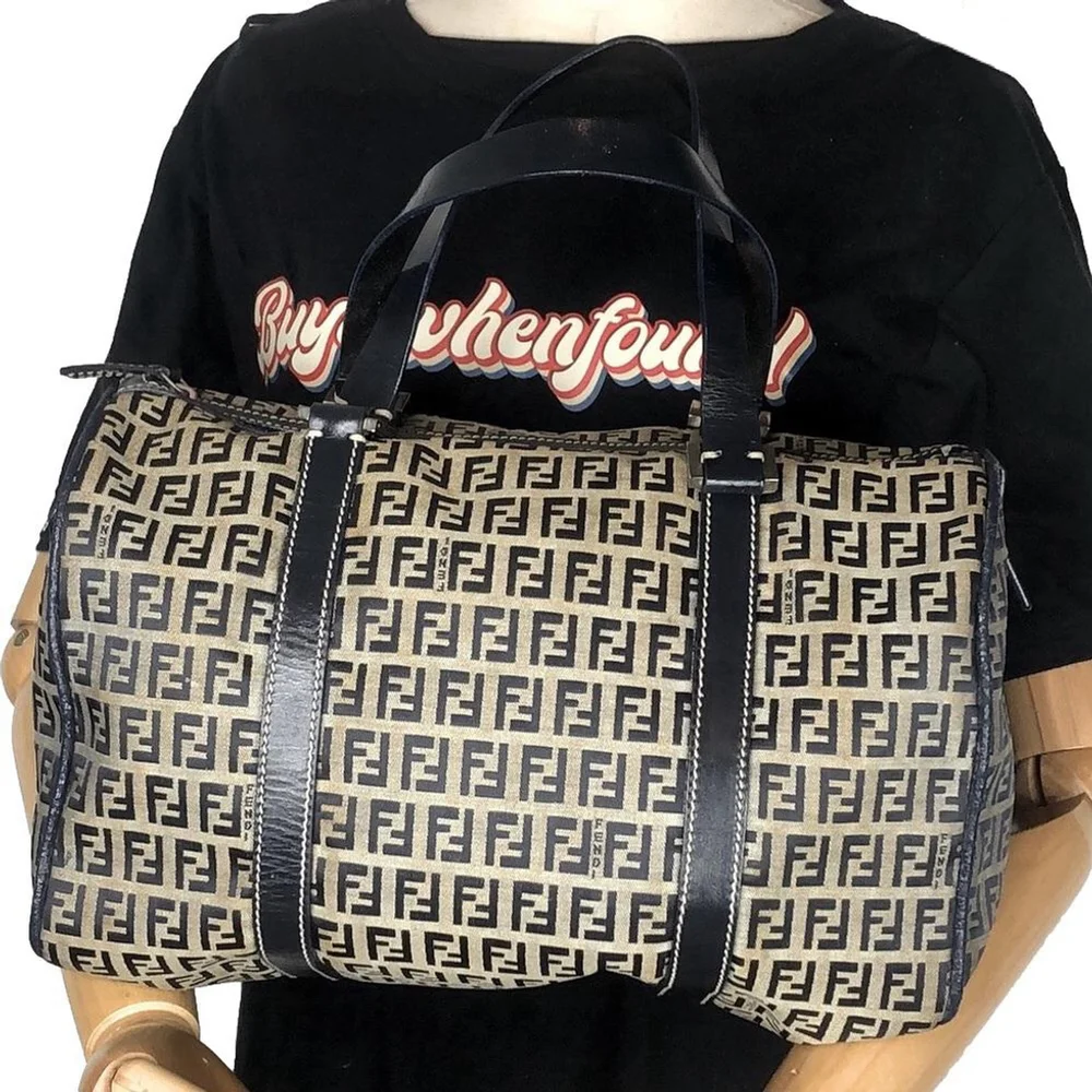 FENDI Zucca Navy Blue Leather and Tan Canvas Boston Duffle Bag Speedy 30